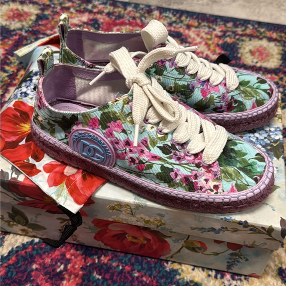 New Dolce & Gabbana Pink and Green Floral Sneakers